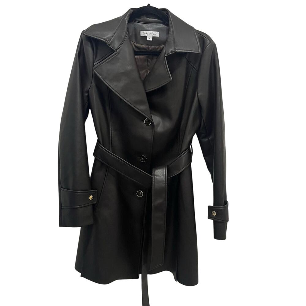 Via Spiga Chocolate Brown Vegan Leather Trench Coat Size Medium Belted Classic - Picture 3 of 16